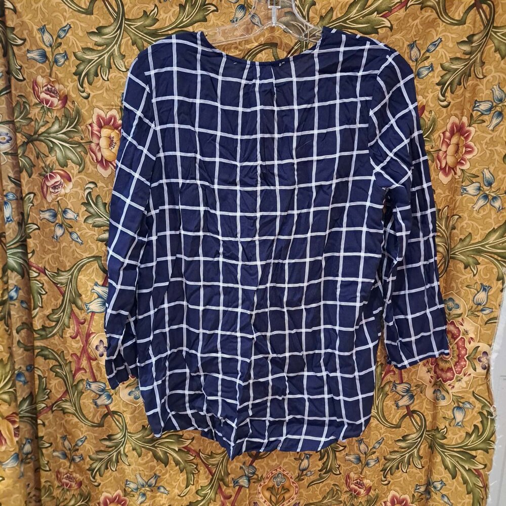 Navy checkered long sleeve blouse top for women - Picture 2 of 8